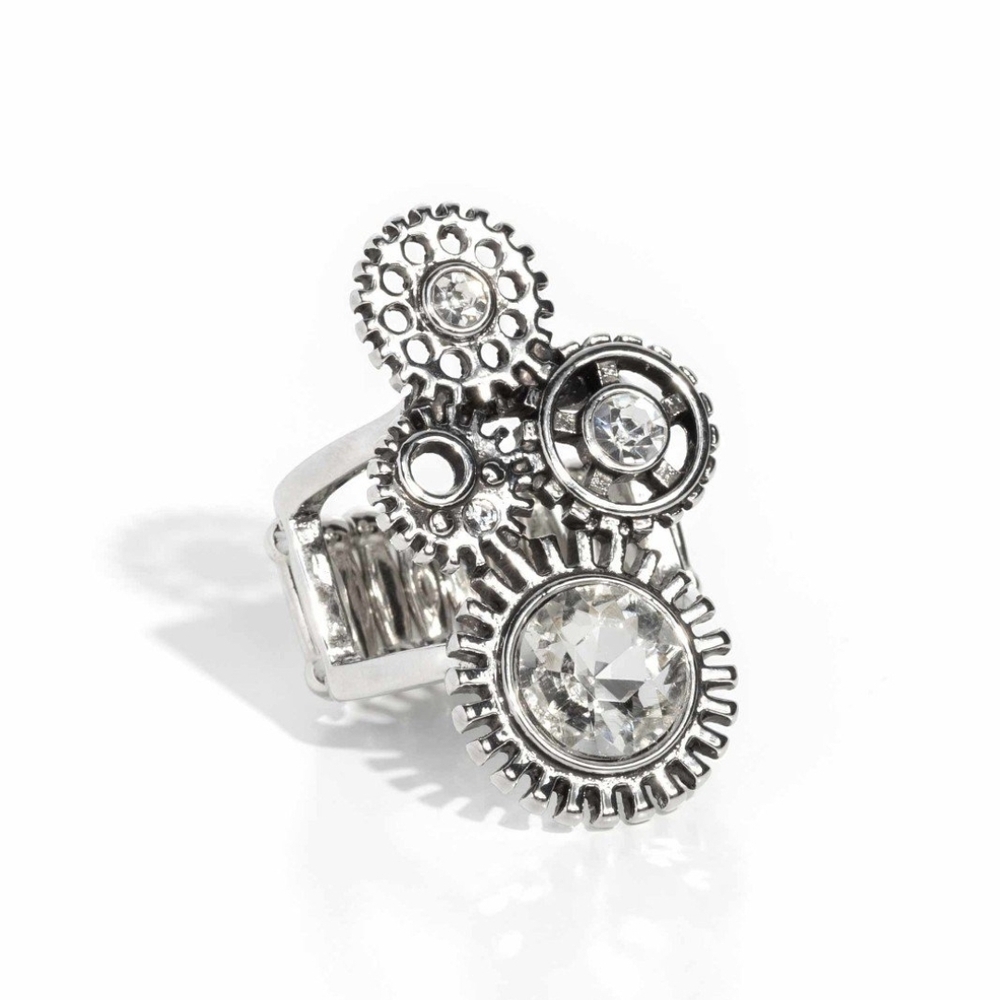 Paparazzi Silver Filigree Ring with Crystal Accents Blowing Off STEAMPUNK White